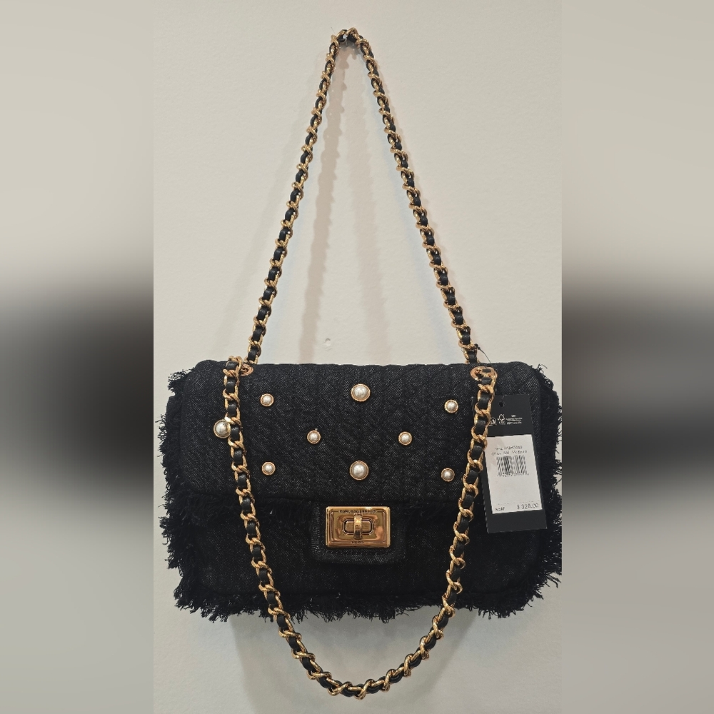 Karl Lagerfeld Black Shoulder Bag with Gold Chain and Pearl With Karl Letter
